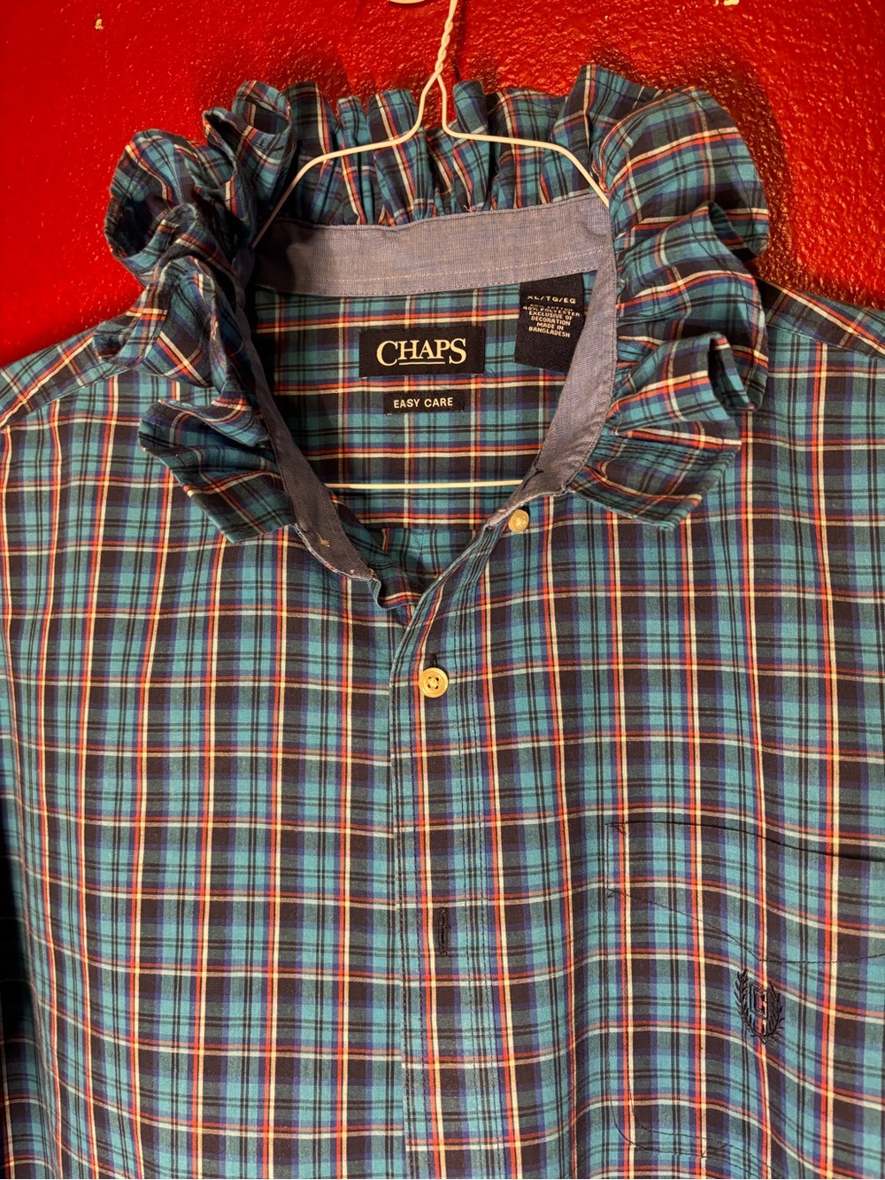 Upcycled/Reloved Chaps Blue Plaid Ruffled Collar Shirt